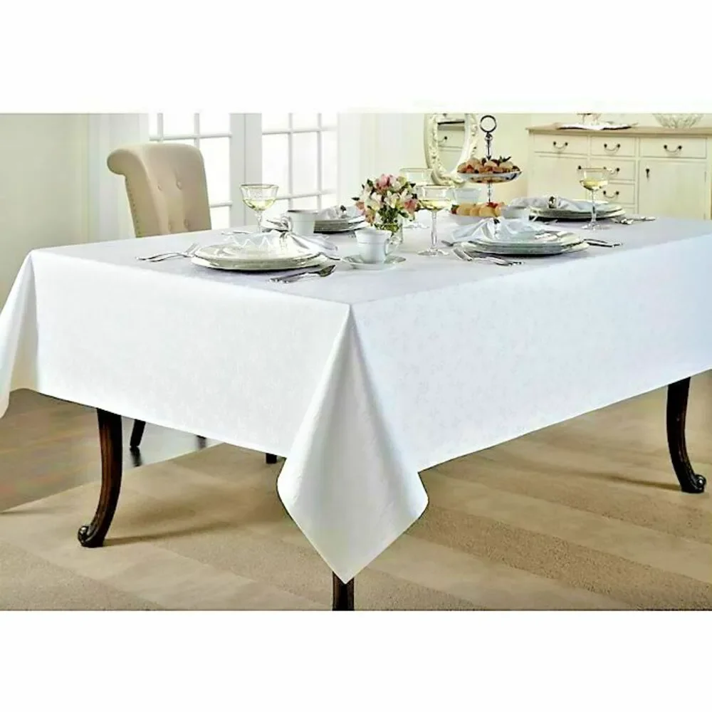Wamsutta Ashley Fabric Tablecloth White Leaf Design 52x70 Oblong Wedding Holiday
